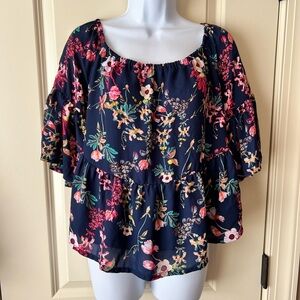 a.n.a Blue and Pink Floral Bell Sleeve Blouse
